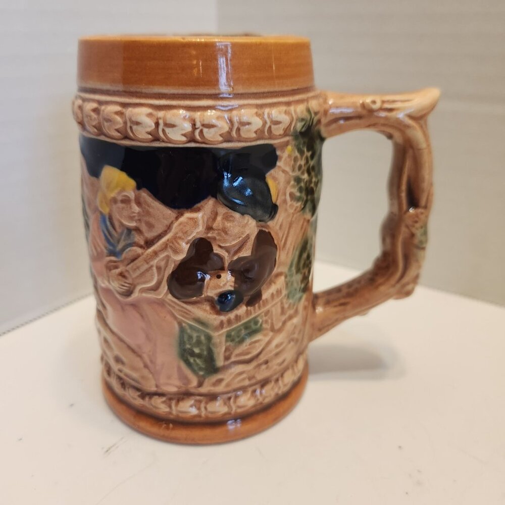 Vintage Hand-Painted Ceramic Beer Stein With Scenic Relief & Tree Handle - Made